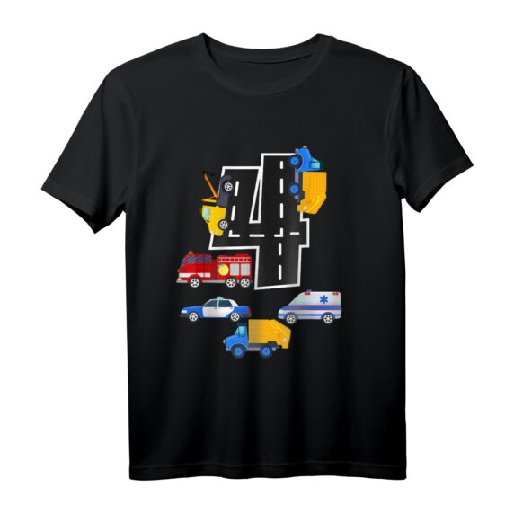 4. Geburtstag Jungen Fire Truck Polizei Auto T-Shirt  Perfekt für Feuerwehr, Polizei & Rettungsfahrzeuge, Party & Geschenk für 4-Jährige
