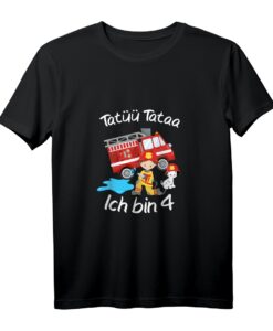 Kinder 4. Geburtstag Feuerwehrmann Feuerwehrauto Kostüm T-Shirt  Perfekt für kleine Helden, Feuerwehrparty & Geburtstagsgeschenk