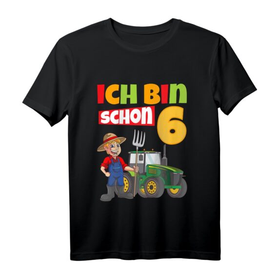 Kinder 6. Geburtstag T-Shirt für Jungen mit Traktor, Zahl Sechs & Spruch 'Ich bin schon 6'  Perfektes Geschenk für kleine Treckerfans