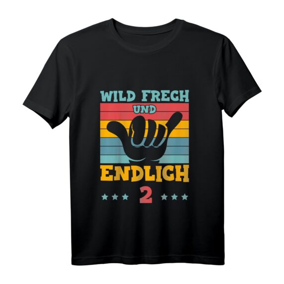 Kinder Wild Frech und endlich 2 Jahr T-Shirt  Lustiges Geburtstagsgeschenk für Sohn oder Tochter zum 2. Geburtstag